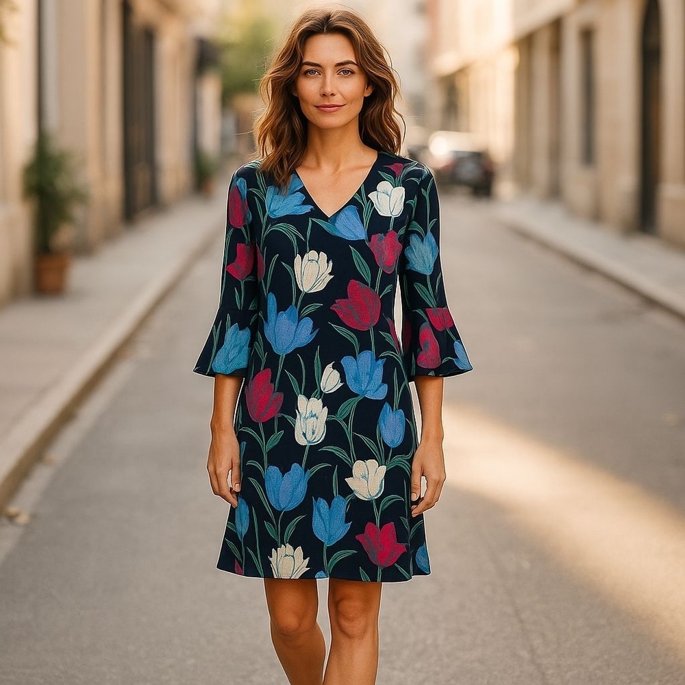 Jude Connally sz small navy pink floral flare sleeve dress